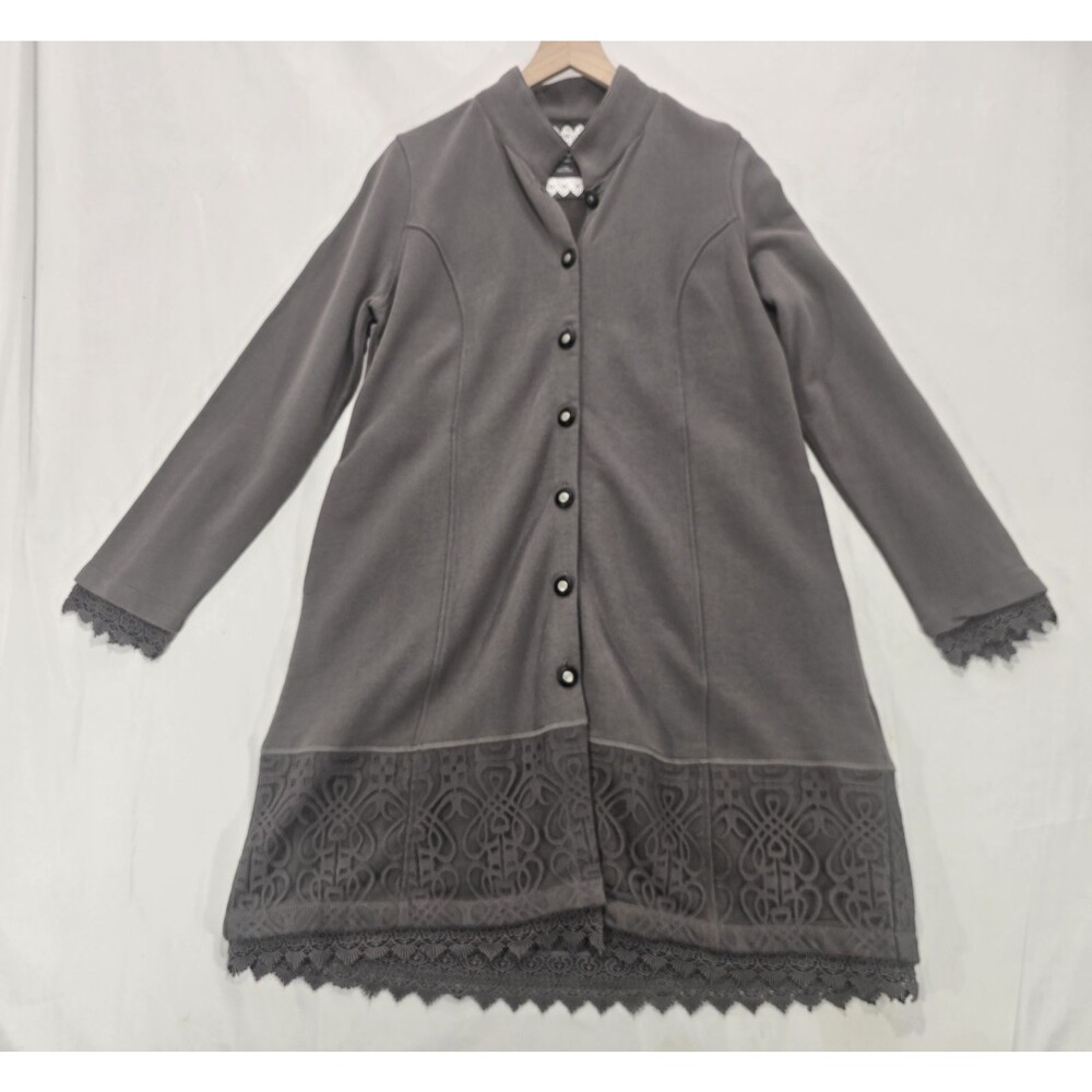 Soft Surroundings Chelsea Tunic Jacket Womens L Gray Lace Trim Duster Boho Goth